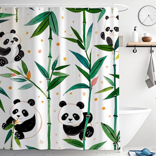 WYRCFS Duschvorhang 200x200 cm Grün Blätter Panda Duschvorhang Wasserdicht Textil Polyester Waschbar Duschvorhänge Shower Curtains mit Gewicht und 12 Duschvorhangringe für Badezimmer Badewanne