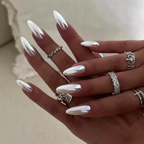 Ceboic Aurora Silver Press on Nails Almond Medium Length French Tip False Nails Glossy Pure Color Gel Fake Nails Glitter Reusable Full Cover Acrylic Stick on Nail for Women Daily Holiday Wear 24 Pcs