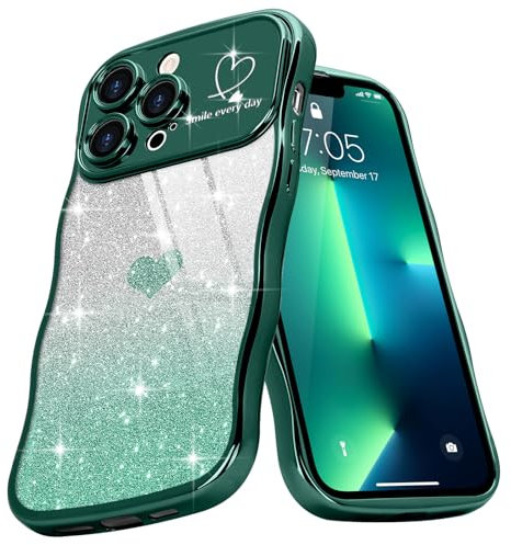 Teageo Cute Heart Pattern Curly Phone Case for iPhone 13 Pro Max, Wave Frame Glitter Case for Girls Women Aesthetic Bling Cover Shockproof Soft TPU Bumper for iPhone 13 Pro Max, Dark Green