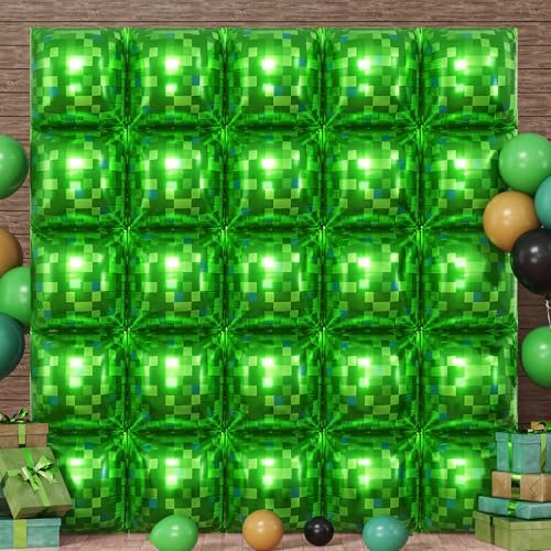HILAVO Grüne Pixel-Ballon-Wand, 25 Stück, grüne Pixel, quadratische Folienballons, Wandhintergrund, Luftballons, Tunnelbogen für Kinder, Jungen, Videospiel, Thema, Geburtstagsparty, Dekoration