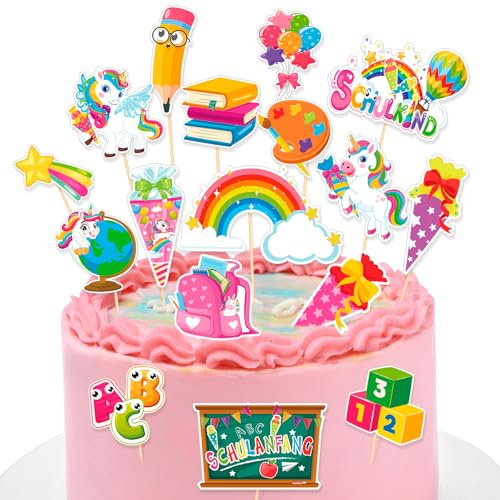 HOWAF Tortendeko Einschulung Einhorn, 17 STK Cake Topper Einschulung Einhorn, Kuchendeko Schulanfang Deko, Zuckertüte ABC 123 Schulkind Tortendeko für Schulanfang Tischdeko Mädchen, C