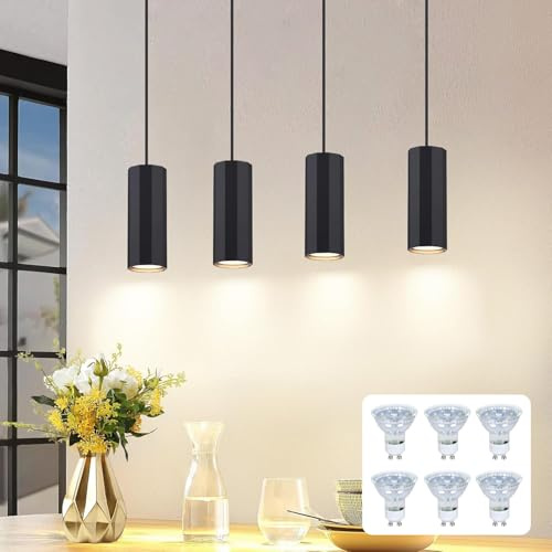 Glitzerlife Hängelampe Esstisch 4 Flammig Pendelleuchte küche Industrial | Hängeleuchte GU10 Schwarz Esszimmerlampe Hängend Vintage für Esszimmer Küche Schlafzimmer Mit Leuchtmittel