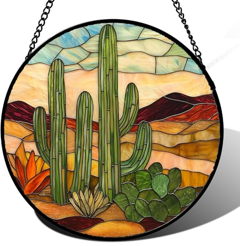 JOSUMALY Attrape-soleil en vitrail à suspendre en forme de cactus vert pour porte, terrasse, jardin, décoration d'intérieur, paysage désertique abstrait, cadeau d'anniversaire pour amoureux, femmes