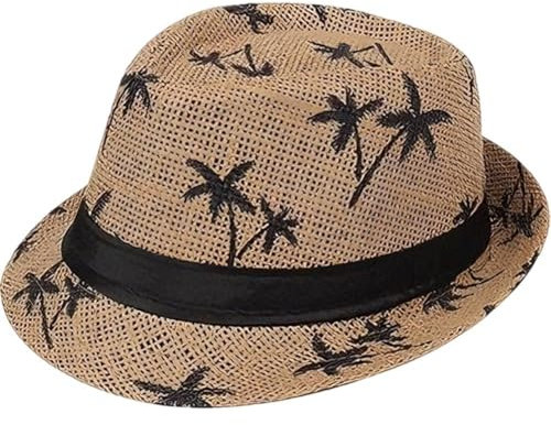 Uzztfa Summer Panama Hat Short Brim Fedora Hat Trilby Hat Palm Tree Print Summer Beach Sun Hat for Men Women