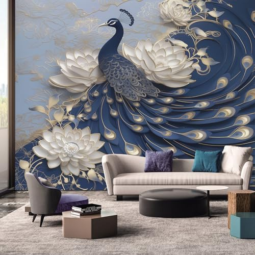 Générique Papier Peint Motif Paon Asiatique Chinoiserie, Papier Peint Panoramique Tableaux Photo Muraux Utilisé Pour Chambre, Salon, Fond TV Décoration Murale 350 x 256 cm snjvc22