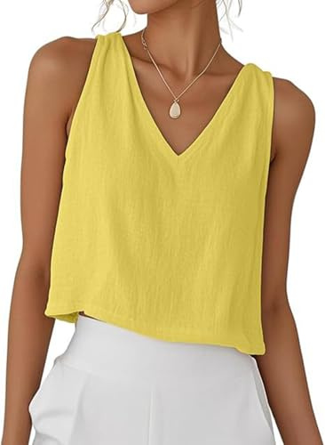 PADOLA Débardeur Femme Lin Chic et Élégant Col V Debardeur Court Été Uni Top sans Manche Coton Basique Tee Shirt Grande Taille Lâche Haut Fluide Débardeurs Ample Caraco (2 Jaune, XL)