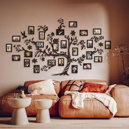 Natura Products Arbre généalogique familial, décoration murale, en bois, avec fleurs et oiseaux, 180 x 110 cm, en ébène, 180 x 110 cm, avec 20 cadres photo de 10 x 15 cm