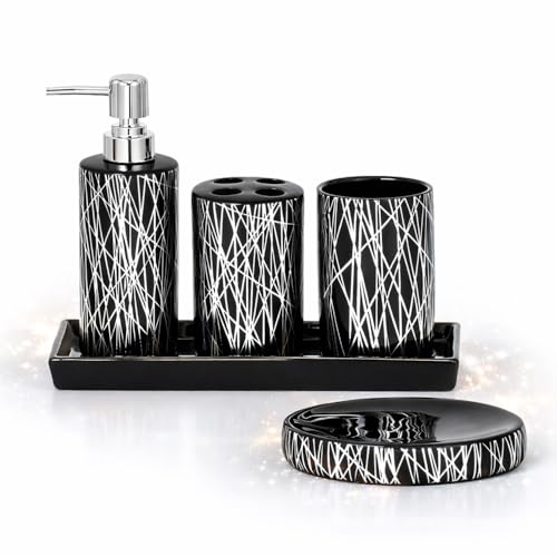 Home Harbour Modern Bathroom Collection | Set of 5/6 Bathroom Accessories | Soap Dispenser, Toothbrush Holder, Storage Holder, Tumbler, Tray Dish | Silver & White Décor (Set of 5 Collection Black)