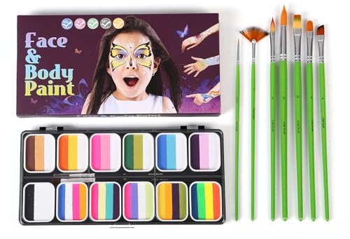 Jenngaoo Kit de Pintura Facial 12 Colores Divididos, Incluye 11 Pinceles y Plantillas para Niños y Adultos Ideal para Fiesta de Cumpleaños Halloween (F-1)