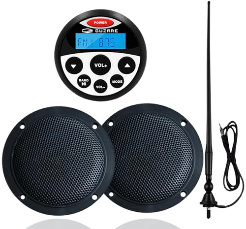 Guzare Marine Bluetooth Audio System Package, Boat FM/AM Gauge Radio Receiver with Antenna & 4 Waterproof Speakers for Yacht, ATV, UTV, Golf Cart