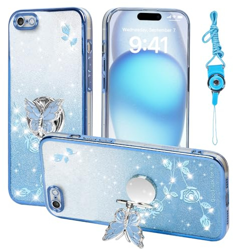 GHTUGHN Für Apple iPhone 6 (4,7 Zoll) Handyhülle, für Handy hülle für Frauen und Mädchen, Glitzer-Schmetterling-Blumen-TPU-Schutzhülle mit Ständer + Riemen Case Cover für iPhone 6s (Blau)