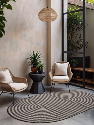 Ted Baker Flachgewebe Teppich Woodfield Oval - Wendeteppich Outdoor geeignet, Pflegeleichter Wohnzimmerteppich, Modern, Bogen Muster für Wohnzimmer, Terrasse, Esszimmer - Schwarz Weiß, 160x230 cm