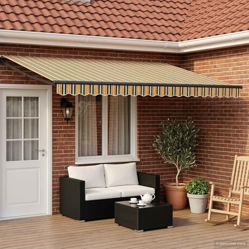 GeenYuu Tenda da Sole Elettrica Estensibile Verde e Giallo, 5x3 Metri con LED, Sensore Meteo e Telaio in Alluminio, Impermeabile, Resistente alle Intemperie, Elettrica e Manuale