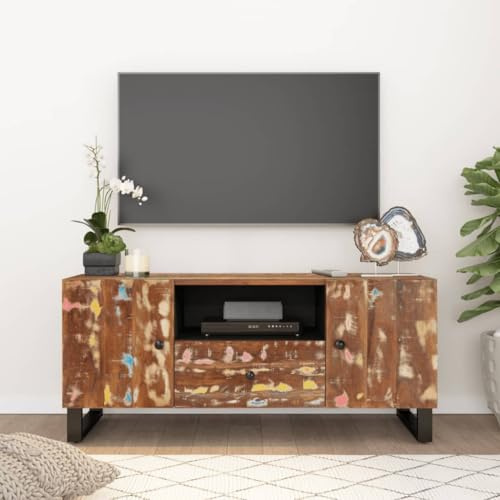 zylophax Mobile porta TV in legno massello di recupero e multistrato con piedini in ferro 105x33,5x46 cm, cassetto, scomparti con anta, ripiano aperto per soggiorno e supporto televisore