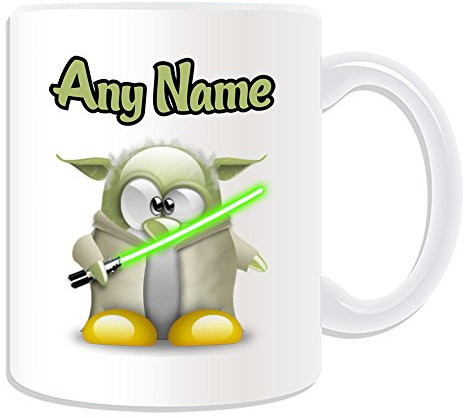 Personalisiertes Geschenk – Master Yoda Tasse (Pinguin Film Charakter Design Thema, Weiß) – Jeder Name/Nachricht auf Ihrem einzigartigen – Kostümfilm Superheld Hero Star Wars Jedi Lichtschwert