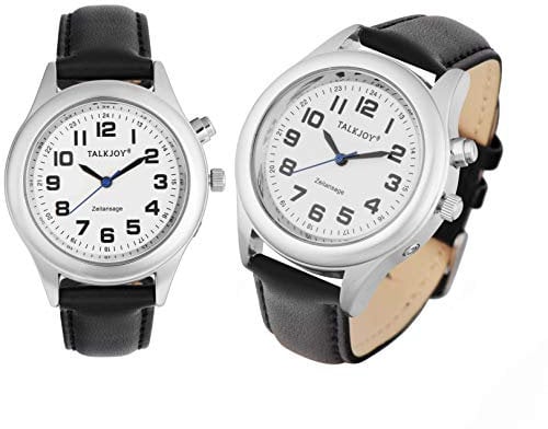 TalkJoy Leder Herren Sprechende Armbanduhr Silber Uhr Blindenuhr Zeitansage Kalender