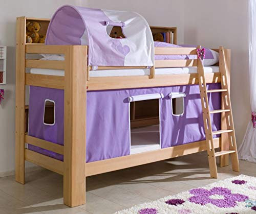 Froschkönig24 Etagenbett JAN Kinderbett Spielbett Bett mit Bücherregal Buche Herz Lila/Weiß, Matratzen Oben/unten:ohne