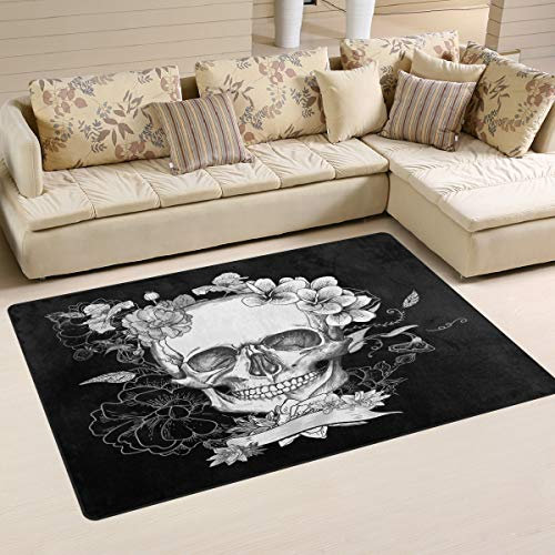 Use7 Teppich mit Motiv Totenkopf, Rose und Blumen, für Wohn- und Schlafzimmer, Schwarz, Weiß, 50 x 80 cm