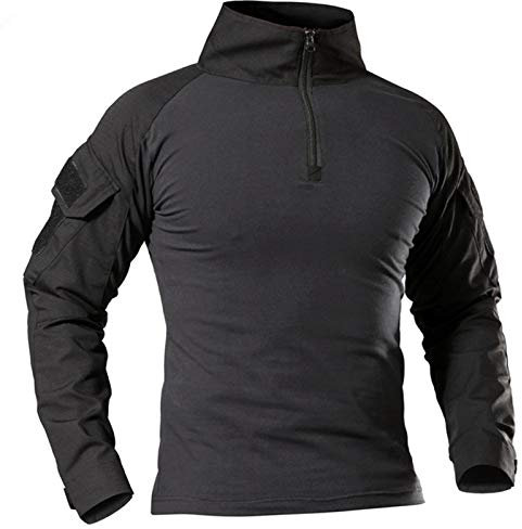 Men's Military Tactical Long Sleeve Shirt Breathable Hunting Combat T Shirts Quick Dry Outdoor Tops 1/4 Front Zip Camouflage Airsoft Shirts Black XL