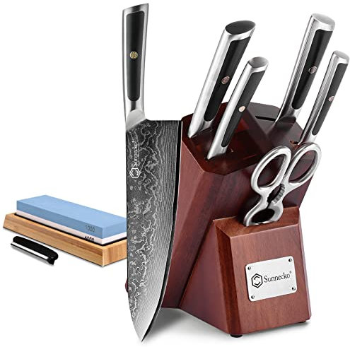 Sunnecko 7tlg Damastmesser Messerblock mit Messer - Messer Set mit Block Damaststahl Klinge Ergonomischer Griff, Messerset mit Küchenschere Messerhalter