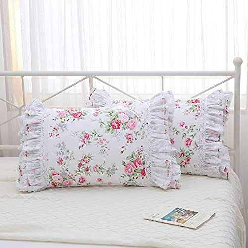 2er-Pack Kissenbezüge mit Spitzenrüschen im Shabby-Chic-Stil,Rosenmuster, King-Size-Kissenbezüge, 50,8 x 91,4 cm, Landhausstil, Vintage-Stil…