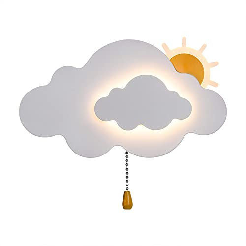 Moderne Wandlampe Innen mit Schalter, Kinderzimmer LED Wandleuchte mit Zugschalter, 7W*2 Cartoon Wolken Lampe Nachtlicht für Kinder Junge Mädchen Schlafzimmer, 3 Farbtemperatur Einstellbar (Weiß)