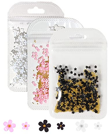 Flower Nail Art Charms, 600 Pcs 3D Acrylic Flower Nail Charms with Pearl Golden Silver Caviar Beads DIY Nail Art Accessories for Women Girls