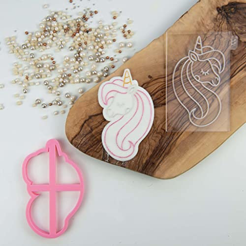 LissieLou Unicorn Face Cookie Cutter and Embosser Icing Stamp Fondant Embosser Unicorn Theme - Light Pink/Clear