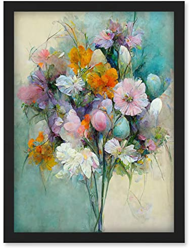 Doppelganger33 LTD Watercolour Pink Orange And Teal Spring Flower Bouquet Illustration Artwork Framed Wall Art Print A4
