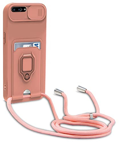 Dllatui Handyhülle Kompatibel mit iPhone 8 Plus/7 Plus/6S Plus/6 Plus Halsband Lanyard Silikonhülle,mit Kamera Schutz Schieber,Drehbarer Ständer mit Kartenfach Necklace Hülle (Pink)