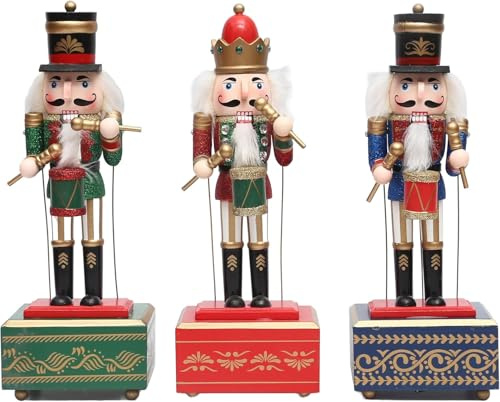 SHATCHI 30cm Musical Box Wooden Christmas Nutcrackers Drummer Animated Clockwork Puppet Figurines Home Decoration Ornament - Supplied One