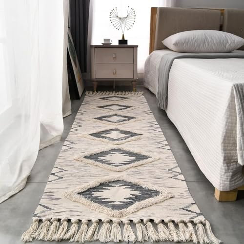JaeMoose Baumwolle Teppich Getuftet Baumwollteppich Waschbar mit Quasten, gewebter geometrischer Shag-Überwurf, Boho-Bereichsteppich für Waschküche/Schlafzimmer (60 x 180 cm, Grau)