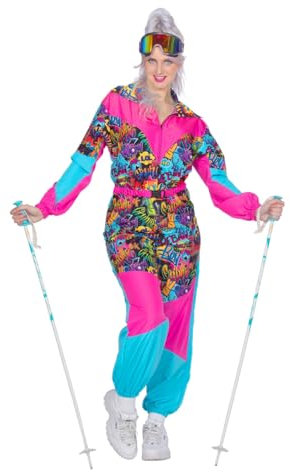 WILBERS & WILBERS 4495 - Retro Skianzug mit 80er Jahre Print für Damen, Skioverall, Schneeanzug, für Aprés Ski und Karneval, Blau-rosa, 46