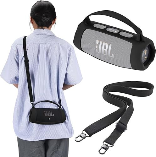 Custodia in Silicone per JBL Charge 5, Universale Custodia protettiva Compatibile con JBL Charge 5 Wi-Fi Altoparlante, con Tracolla Regolabile Accessori (Nero)