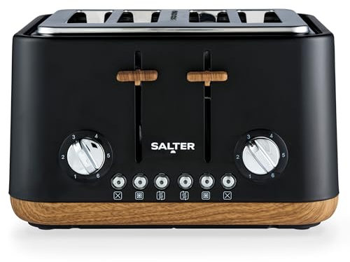 Salter Toronto 4-Slice Toaster – Wide Slots, 6 Browning Levels, Removable Crumb Tray, Defrost, Reheat, Cancel, Self-Centring Function, High-Lift Eject, 1630 W, Wood Effect, Matt Black