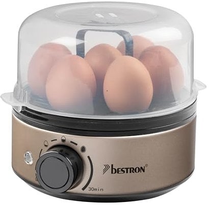 Bestron Eierkocher für 7 Eier, mit akustischen Signalton & Trockenlaufschutz, stufenlose Härtegradeinstellung für drei Stufen, inkl. Messbecher & Eierstecher, Satin Collection, Farbe: Hellbeige
