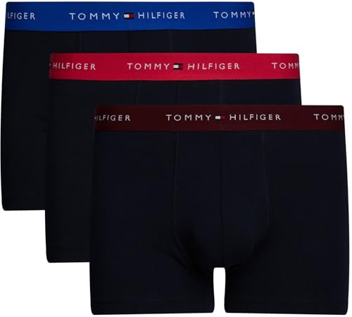 Tommy Hilfiger Men’s 3 Pack Trunks with Logo Waistband, Multicolor (Pink Heart/Bright Blue/Deep Rouge), S