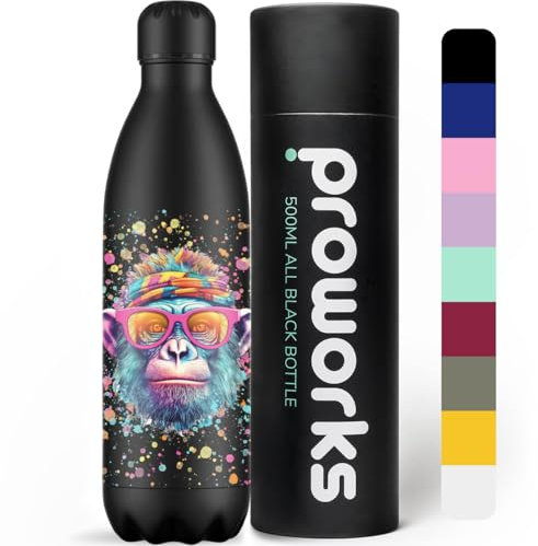 Proworks Botellas de Agua Deportivas de Acero Inoxidable Cantimplora Termo, Doble Aislamiento 12 Horas Caliente y 24 Horas Frío 1L - Toda Salpicadura de Pintura Negra - Chimp