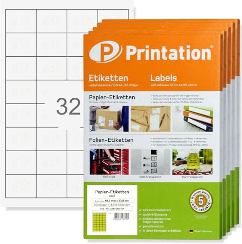 Printation Etiketten 48,3 x 33,8 mm - 16000 Adressaufkleber selbstklebend auf 500 Blatt DIN A4 4x8 BigPack - 32 pro A4 Bogen 48,3x33,8 Universal-Aufkleber - Online Briefmarken/Internetmarke 4200 8643