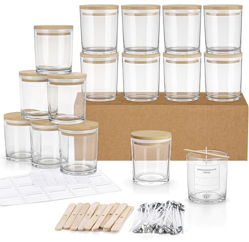Winter Shore Barattolo di Vetro da 300 ml con Coperchio di Bambù (16 Pezzi) - Kit per Candele, Barattoli di Vetro Premium, Stoppini ed Etichette - Contenitori per Empty Candle