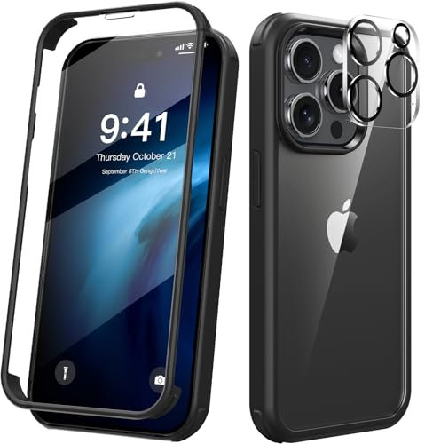 Kmofizle 360 Grad für iPhone 15 Pro Max Hülle mit Eingebaut Glas Schutzfolie und Kameraschutz, Stoßfest Stoßfänger Fullbody Handyhülle für iPhone 15 Pro Max (6.7 Zoll) - Schwarz