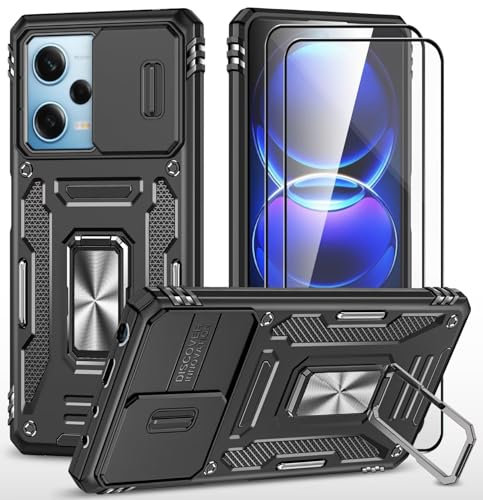CLYDITE para Funda Xiaomi Redmi Note 12 5G/Poco X5 5G Carcasa Silicona Negro con Cristal Templado [2 Piezas] Cubierta de cámara Deslizante TPU 360 Grados Anillo Giratorio Soporte Coche