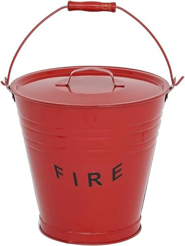 Metal Coal Bucket With No Lid Wooden Handle Fireplace Container Litre Black Coal | Wooden Handle & No Lid | Log Holder | Fireplace Fire Pit Wood Burning Stove Bin | 12L (RED FIRE BUCKET WITH LID)