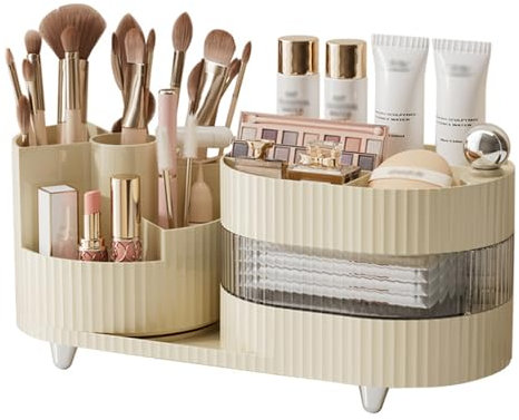 NUODWELL Makeup Organizer, Kosmetik Aufbewahrungsbox mit 360° drehbarem Make-up Pinselhalter, Schminktisch Organizer für Badezimmer, Schlafzimmer (Cremeweiß)