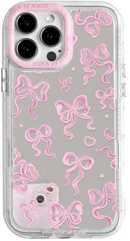 NITITOP Compatible with iPhone 15 Pro Case Cute Mirror Bow Love Heart Pattern for Women Girls Ribbon Design Shockproof Silver Protective Phone Cover - Pink Bow