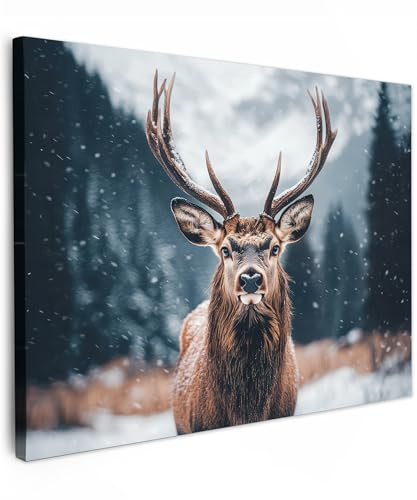 MuchoWow© Leinwand Deko Schlafzimmer Aesthetic Leinwandbilder Wohnzimmer | 80x60 cm - Gemälde Foto Geschenk Living Room Decoration Hirsch - Tiere - Landschaft - Winter - Schnee