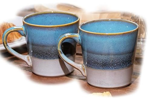 Darthome Set of 2 Blue Reactive Fade Mugs 400ml Stoneware Large Glazed Hot Coffee Cups