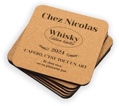 Lot de 6 Dessous de Verre en liège Format carré personnalisés - Design Whisky ? idée Cadeau Originale