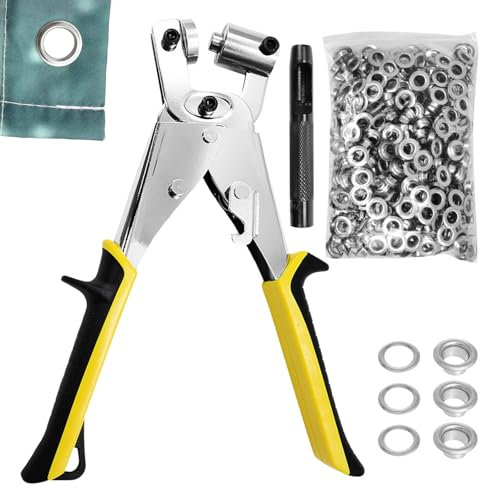 Perforadora Ojetes con 200 Ojetes (10 mm de Diámetro) y 1 Cincel, Hierro + Aleación + Revestimiento + Caucho, para Cuero, Cinturones, Toldos y Tejidos (230 × 100 × 50 mm) (Amarillo, plata)