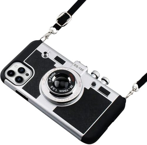 Camera Design phone case for iPhone 14 pro max Vintage 3D Cute Silicone Cover with Removable Neck Strap, Camera Protection & Lanyard for Women Girls (Black)